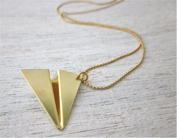 Paper Plane Necklace in Gold, Japanese origami inspired gold pendant jewelry