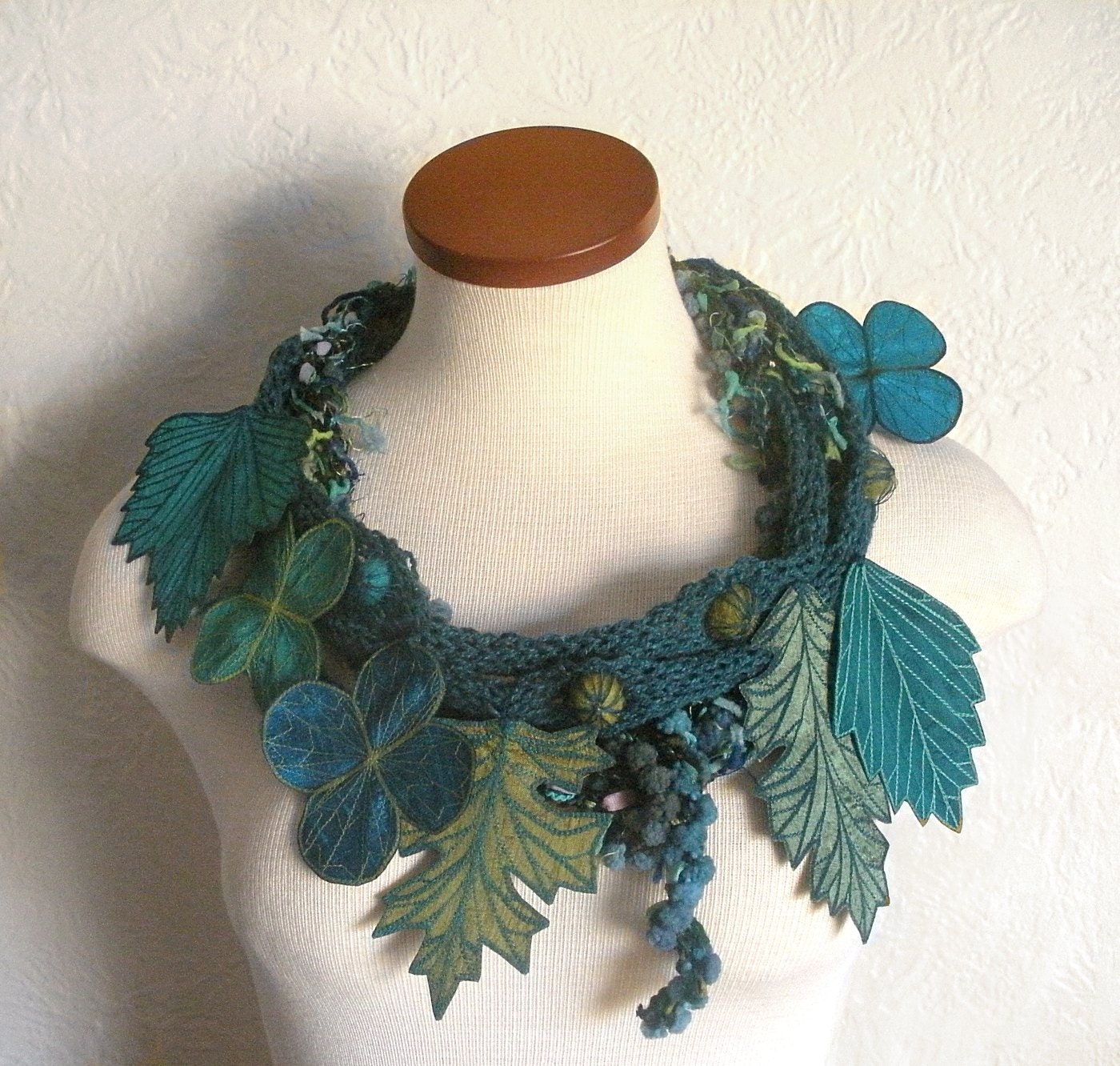 Leaf Scarf- Teal Blue with Deep Turquoise, Olive Greem, Frosted Pine, and Light teal Green Embroidered Leaves- Fiber Art Scarf
