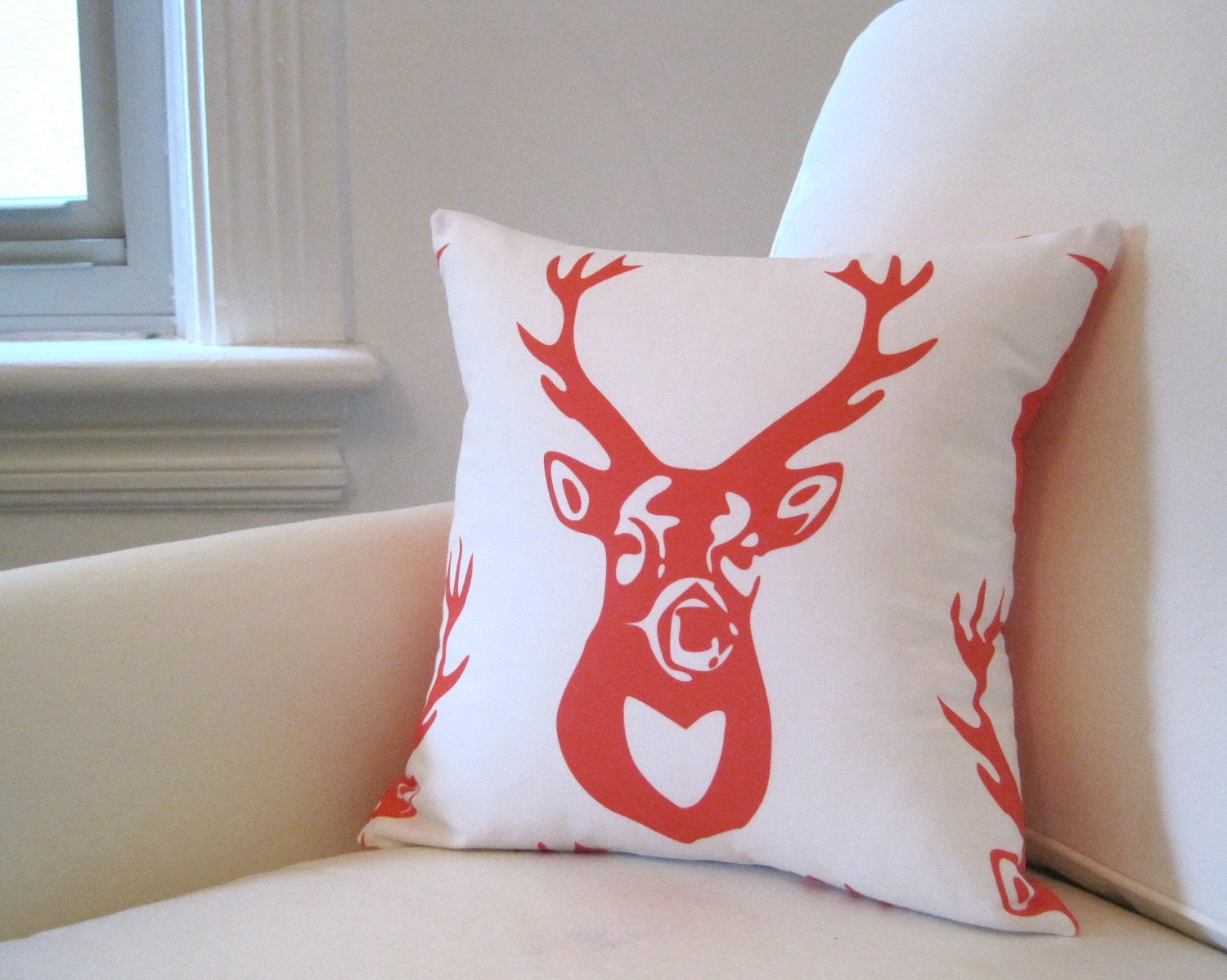Eco Friendly Antlers PILLOW Cover - Orange White Throw Pillow Sham - Woodland Accent Cushion in Tangerine White Deer - Rustic Home Decor