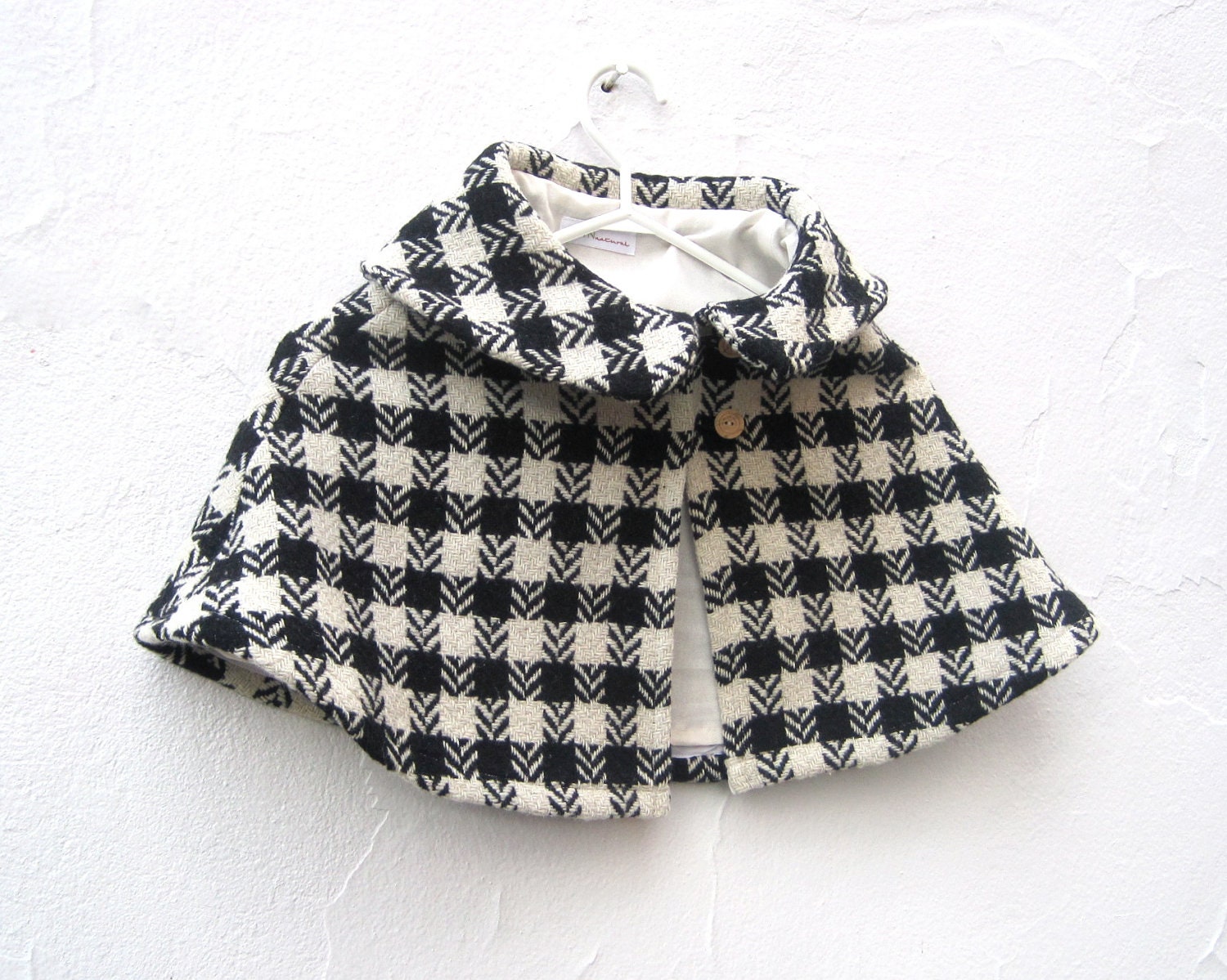 Girls Wool Cape in Squares and Checks with Peter Pan Collar - Spring Fashion Capelet  Size 3T to 5T - Black White Shrug (Ready to Ship)