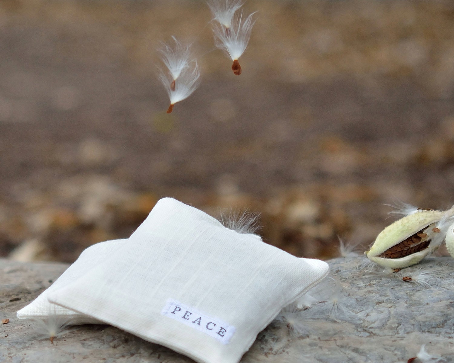 Peace Balsam Sachets SET of 2 - Hand Stamped White Linen Aromatic Eco Friendly Sachet Pillows - Rustic Home Decor