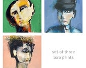 Set of 3 Art Prints Faces colorful, Modern and Energetic, 5x5 each available larger