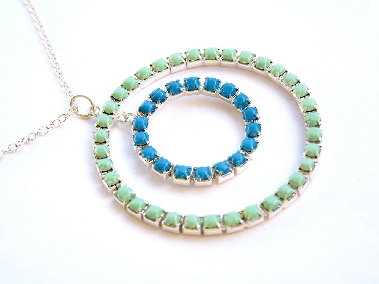 Hand Painted Rhinestone Necklace, Mint Necklace, Turquoise Necklace, Circle Necklace, Tom Binns