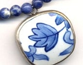 Sodalite Necklace with Big Blue and White Pendant, Winter Color Necklace,  Ming Pottery Necklace, Handmade jewelry by AnnaArt72