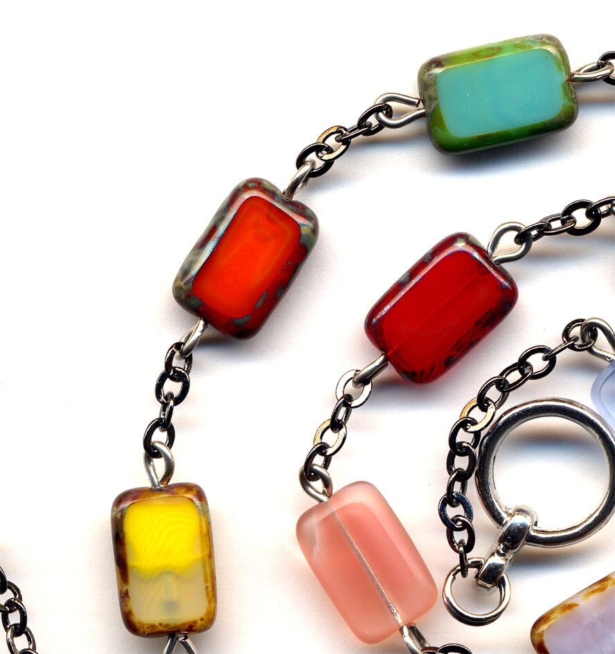 Multi Color Unique Czech Beads Necklace in Gun Metal Chain, Mod OOAK Necklace, Handmade Jewelry by AnnaArt72