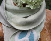 Recycled cashmere scarf -- peace sign embellishment -- celery green, pale, neutral