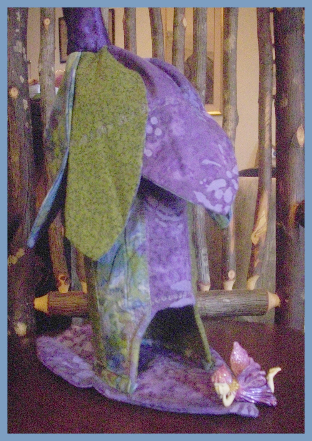 Fiber Art fairy house soft sculpture and hand painted fairy purple green quilted one of a kind