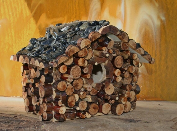Hanging Birdhouse with Black Rocks , Cut Rounds of Pine and Cedar Outdoor Rustic