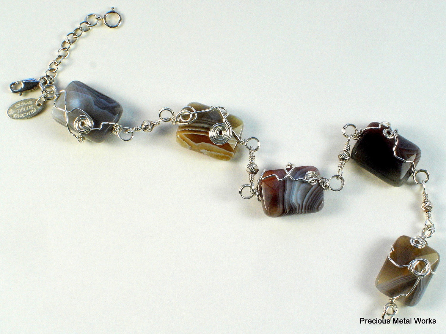Lauren, handmade, sterling silver wire wrapped, rectangular faceted agate, bead bracelet