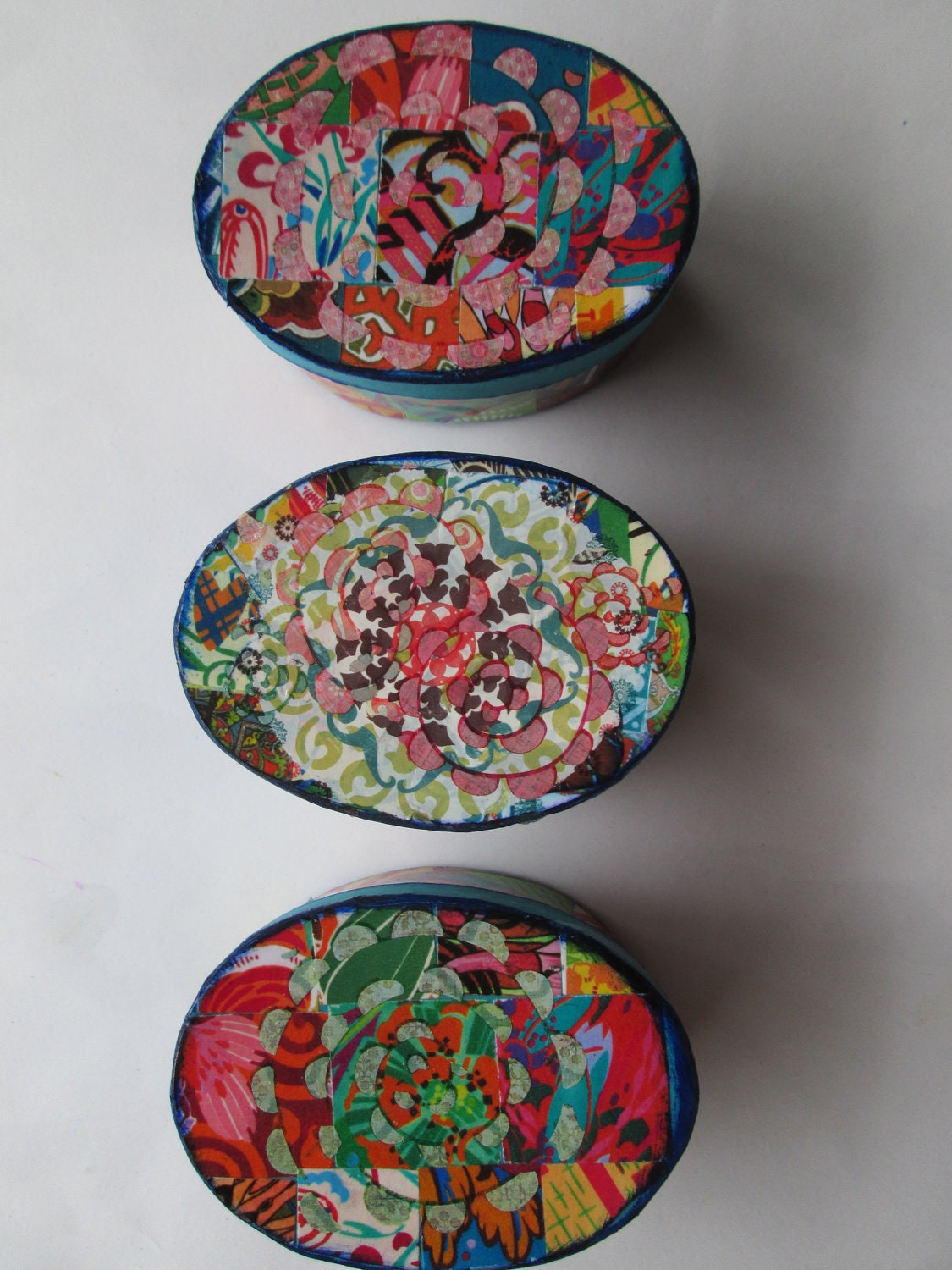 Gift Boxes, Colorful Gift boxes, 3 paper mache gift boxes, Collaged gift boxes