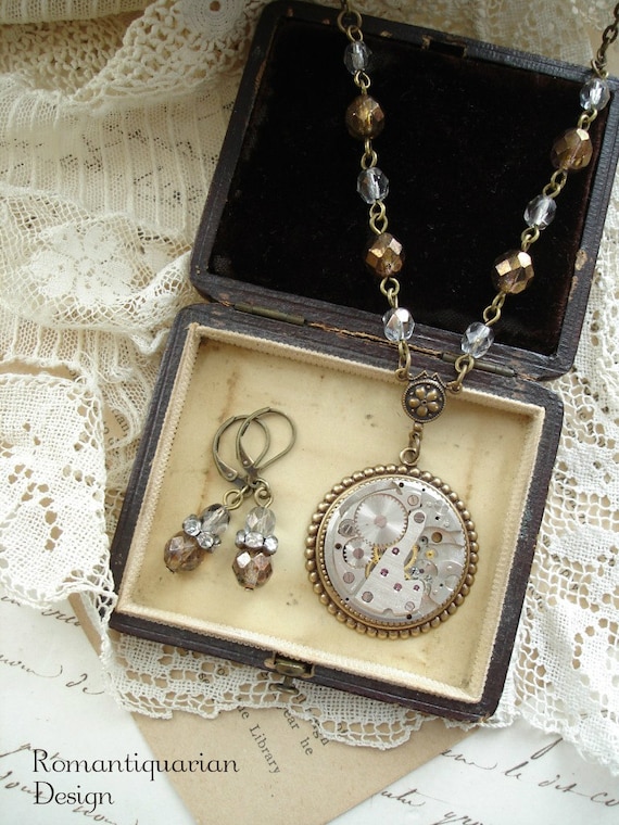 TIMELESS - Antique Pocket Watch Necklace. Steampunk Watch with 17 Ruby Jewels, Brass, Bronze, Silver. Vintage Assemblage Jewelry Set.