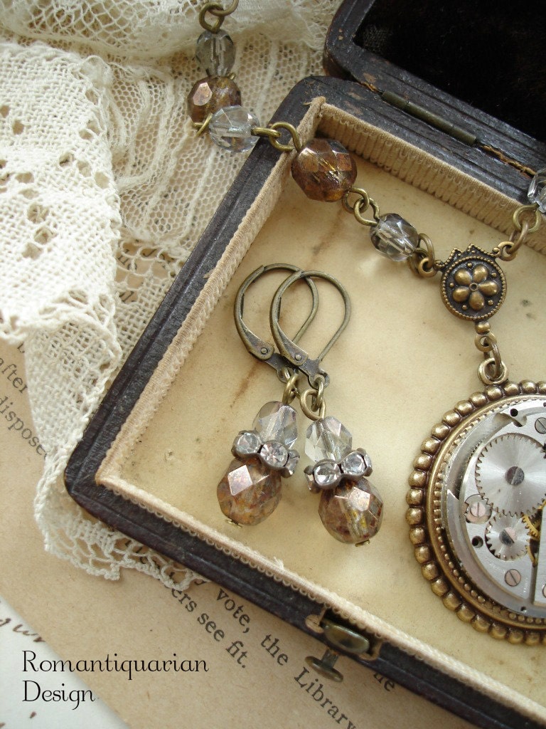 TIMELESS - Antique Pocket Watch Necklace. Steampunk Watch with 17 Ruby Jewels, Brass, Bronze, Silver. Vintage Assemblage Jewelry Set.