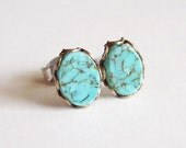 Turquoise Post Earrings Vintage Glass Faux Gemstone Cabochon Studs Hypoallergenic