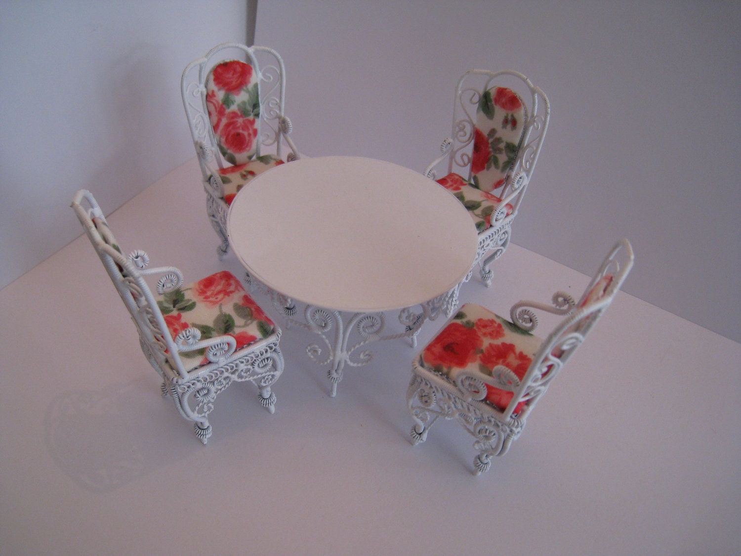 Patio or conservatory Table and four chairs set, white wire with bright cushions , , twelfth scale dollhouse miniature