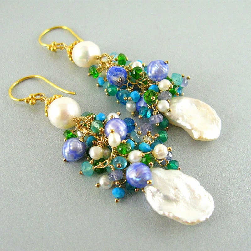 Keishi Pearl and Gemstone Cluster Gold Earrings