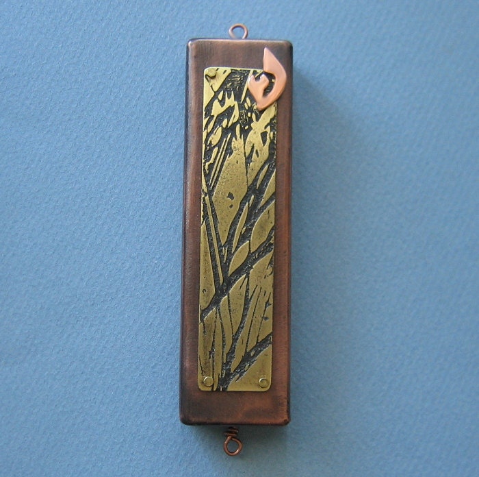 Mezuzah in Etched Brass, Tree of Life