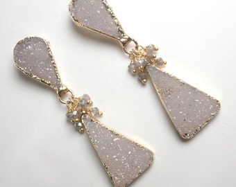 Druzy Post Clip on Earrings Jasper Quartz Greige Beige Dazzling Dangle Earrings Raw Gemstone Beach Wedding Luxury Fashion - Stephanie