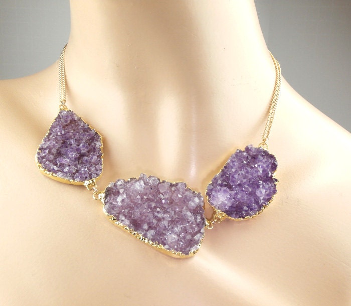 Purple Druzy Necklace Amethyst Crystal Geode Large Crystal Slice Statement Necklace Lavender Gold Luxury Fall Fashion