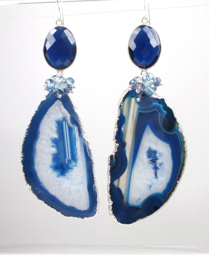 RESERVED - Blue Agate Slice Earrings Long Blue Dangle Earrings Geode Slice Gemstone Luxury Statement Fall Fashion - Angelina