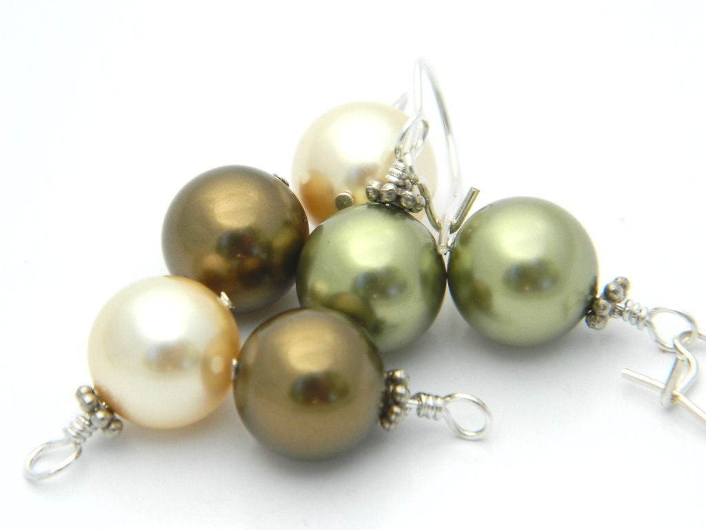 Set of Earrings - Removable Earrings, Three in One, Swarovski Pearls, Green, Golden, Copper, Olive, Cream, Ivory, Silver, Bridesmaid