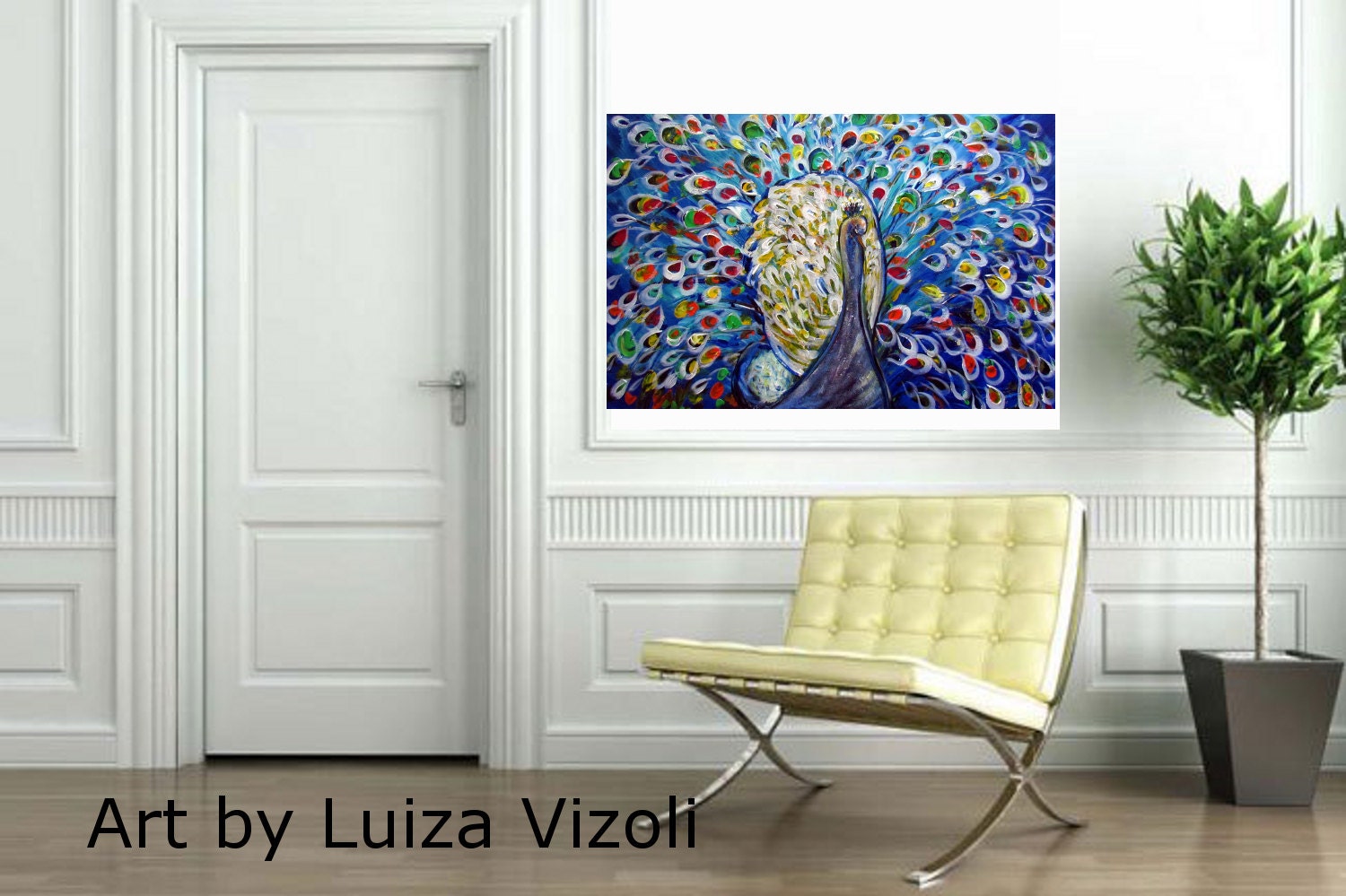 Original Modern Textured Palette Impasto Whimsical  Bird Oil Art PEACOCK PRIDE by Luiza Vizoli large painting