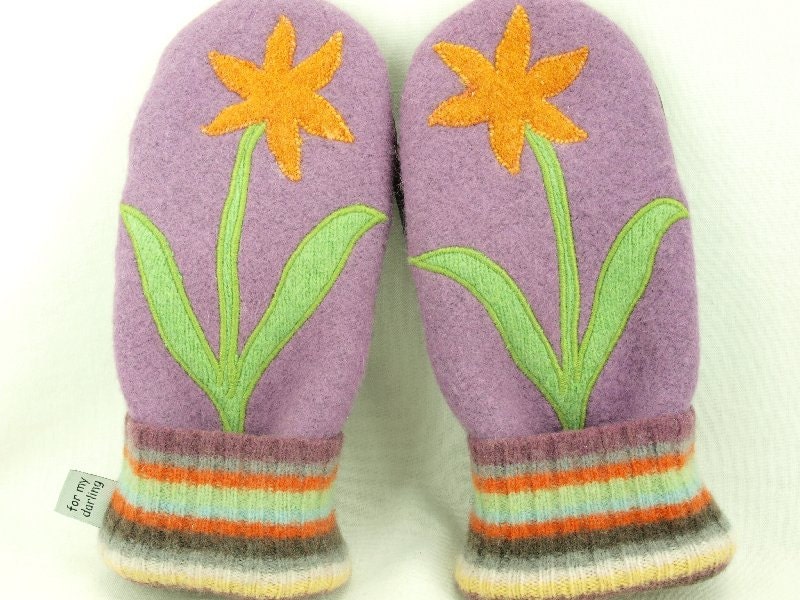 Mittens Wool Recycled Wool Mittens with Flower Applique in Violet Green and Orange Fleece Lining Leather Palm Up Cycled Eco Friendly