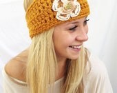 Beatrice HEAD WRAP - Butterscotch, Cream Ivory Off White Fabric Applique, Bee Button, Cute, Simple, Ear Warmer, Handmade, Beanie.
