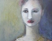 Acrylic Careful Consideration Surreal Face Womans Portrait Print White Face Green and Purple Background