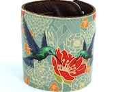 Leather cuff / wallet wristband - Hummingbirds in floral bliss