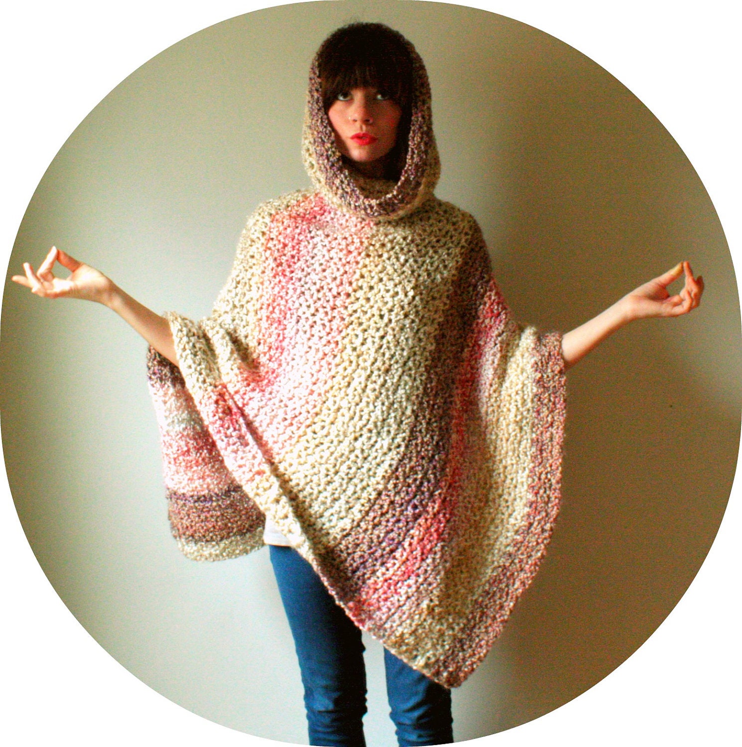 hand crochet hooded poncho for the Holidays. candy cane pink hues. size small to large. made to order