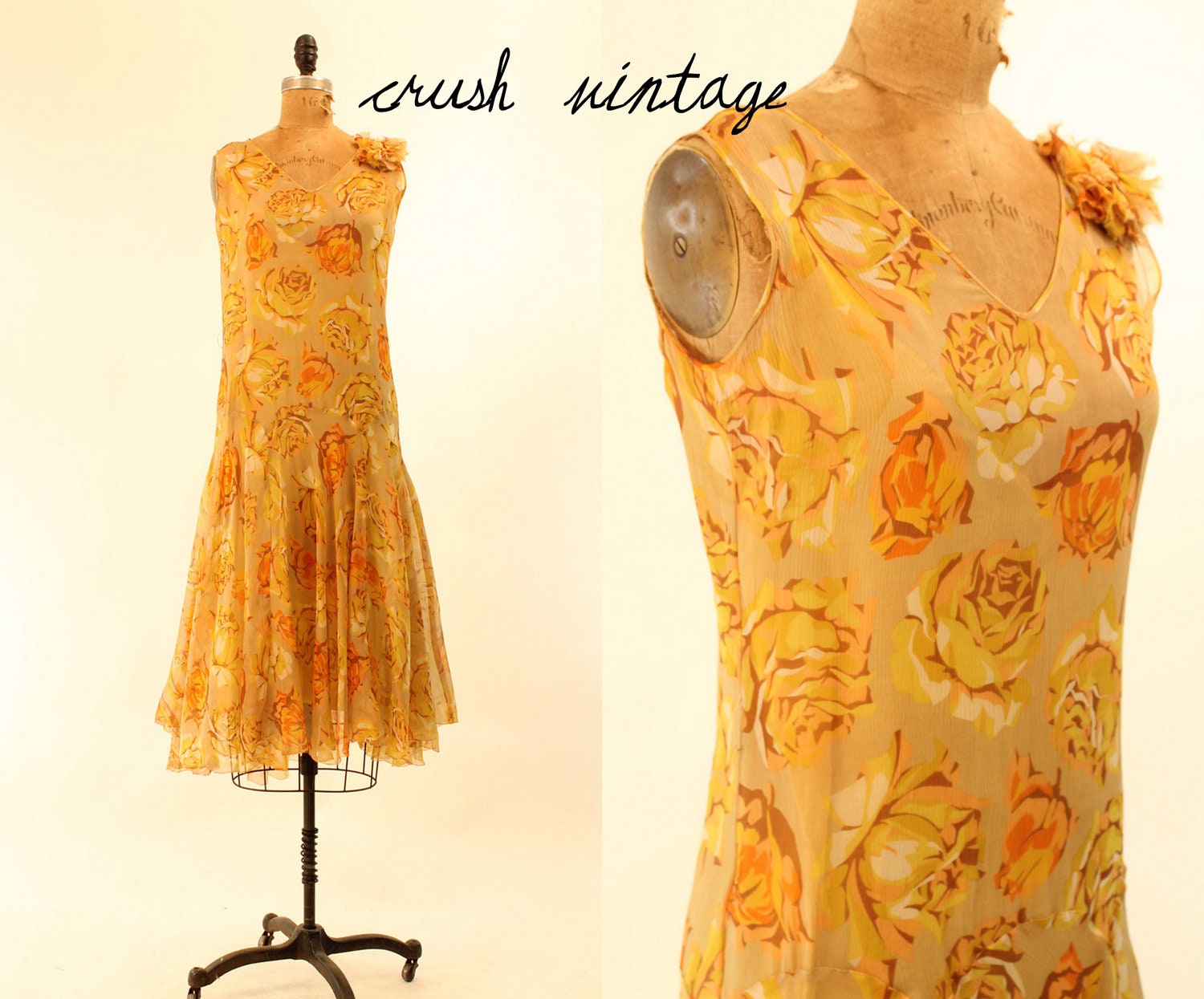 20's Vintage Dress S-M /  1920s Silk Dress / Cabbage Roses Sheer Flapper Dress