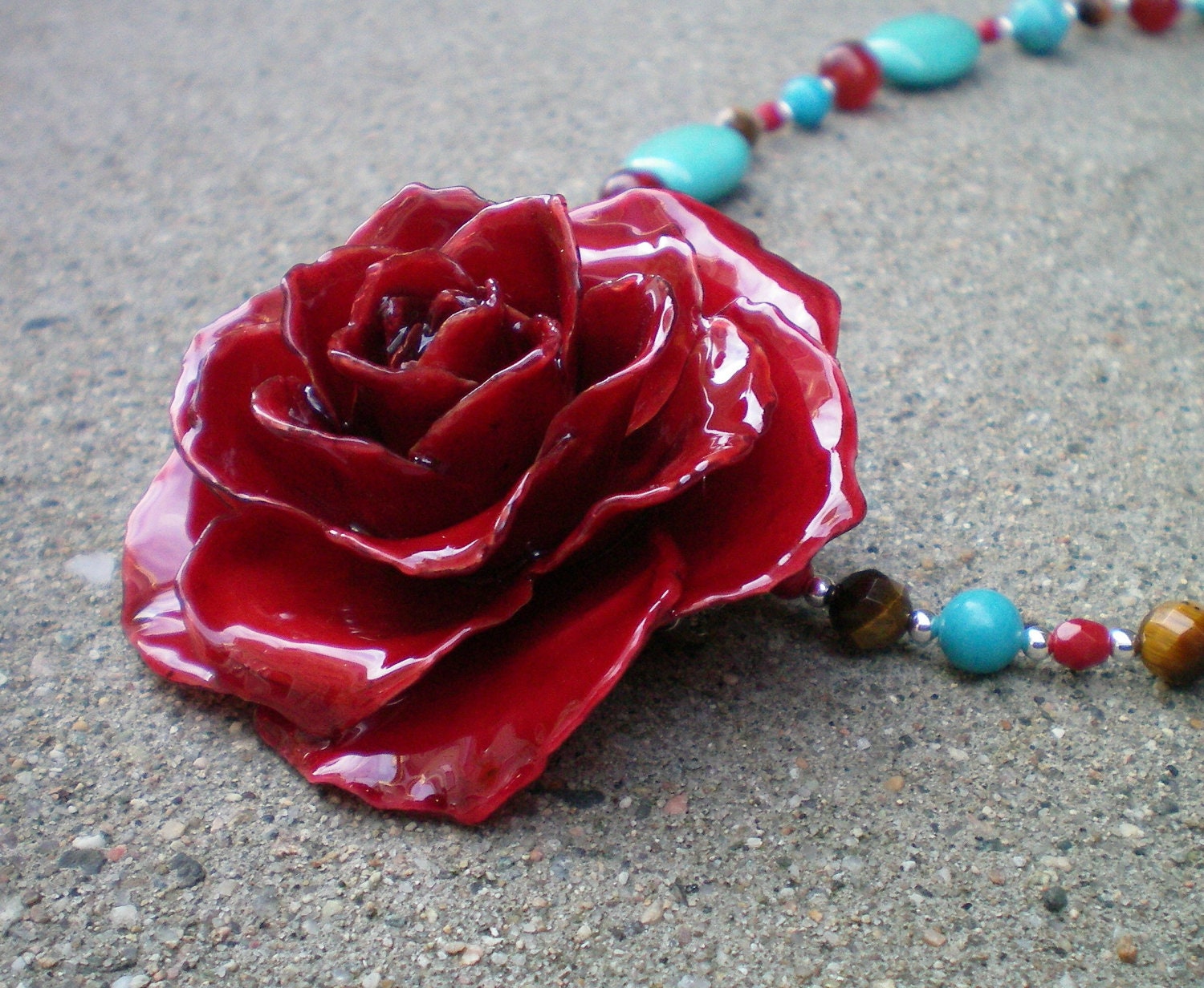 REAL Dark Red ROSE Turquoise, Tigers Eye, Coral, Carnelian Sterling Silver Necklace
