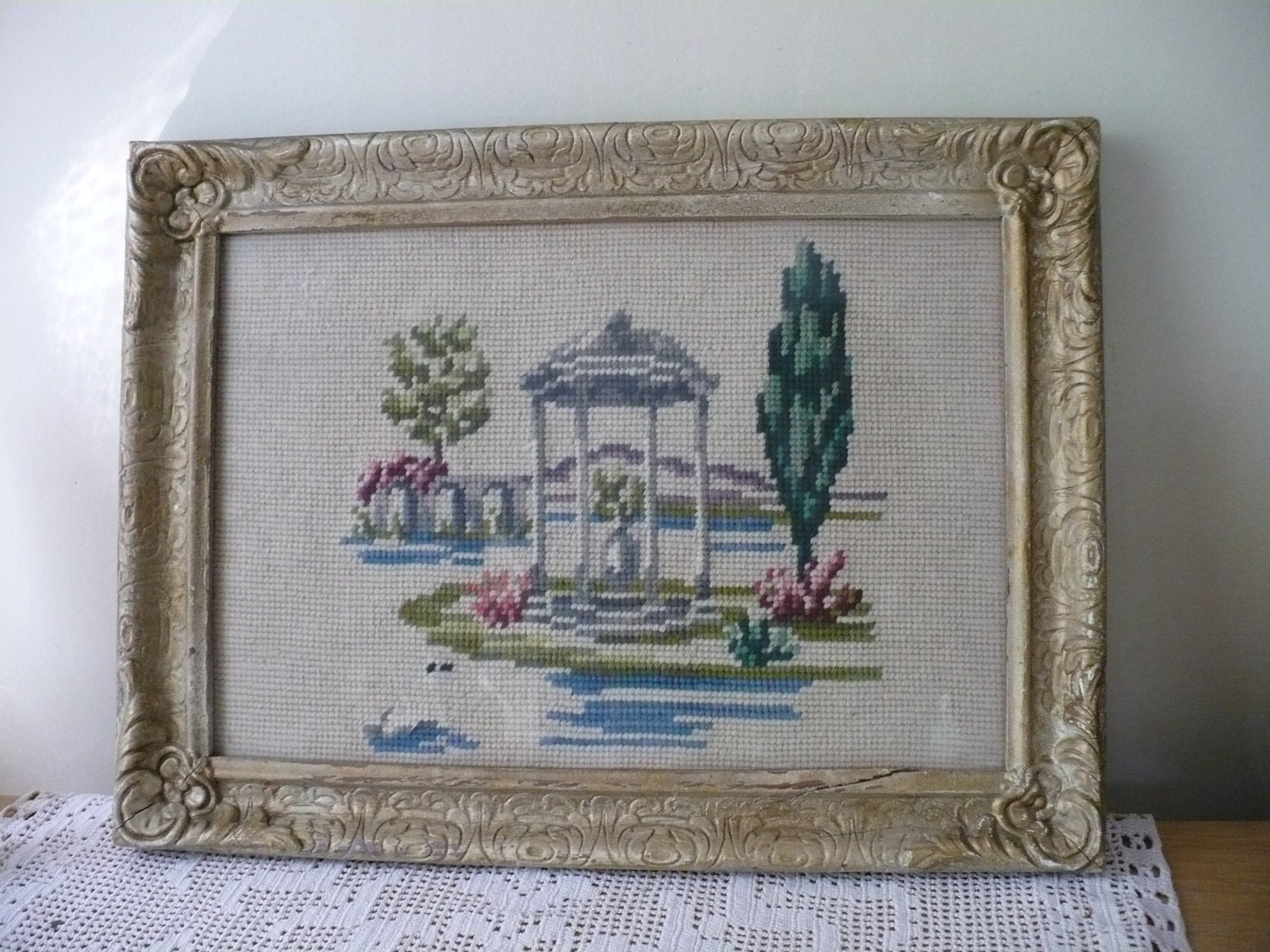 Vintage Needlepoint in Wonderful Ornate Frame