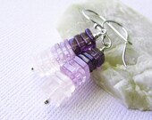 Sterling Silver and Gemstone Dangle Drop Earrings with Rose Quartz, Pink Amethyst, and Purple Amethyst Square Heishe Discs