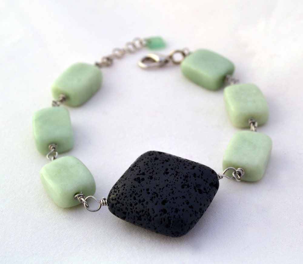 Mint Green Marble and Black Lava Rock Bracelet