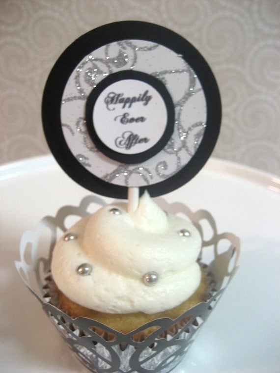 Wedding Cupcake Toppers - Personalized, Custom Made - Silver Glitter Damask Il_570xn
