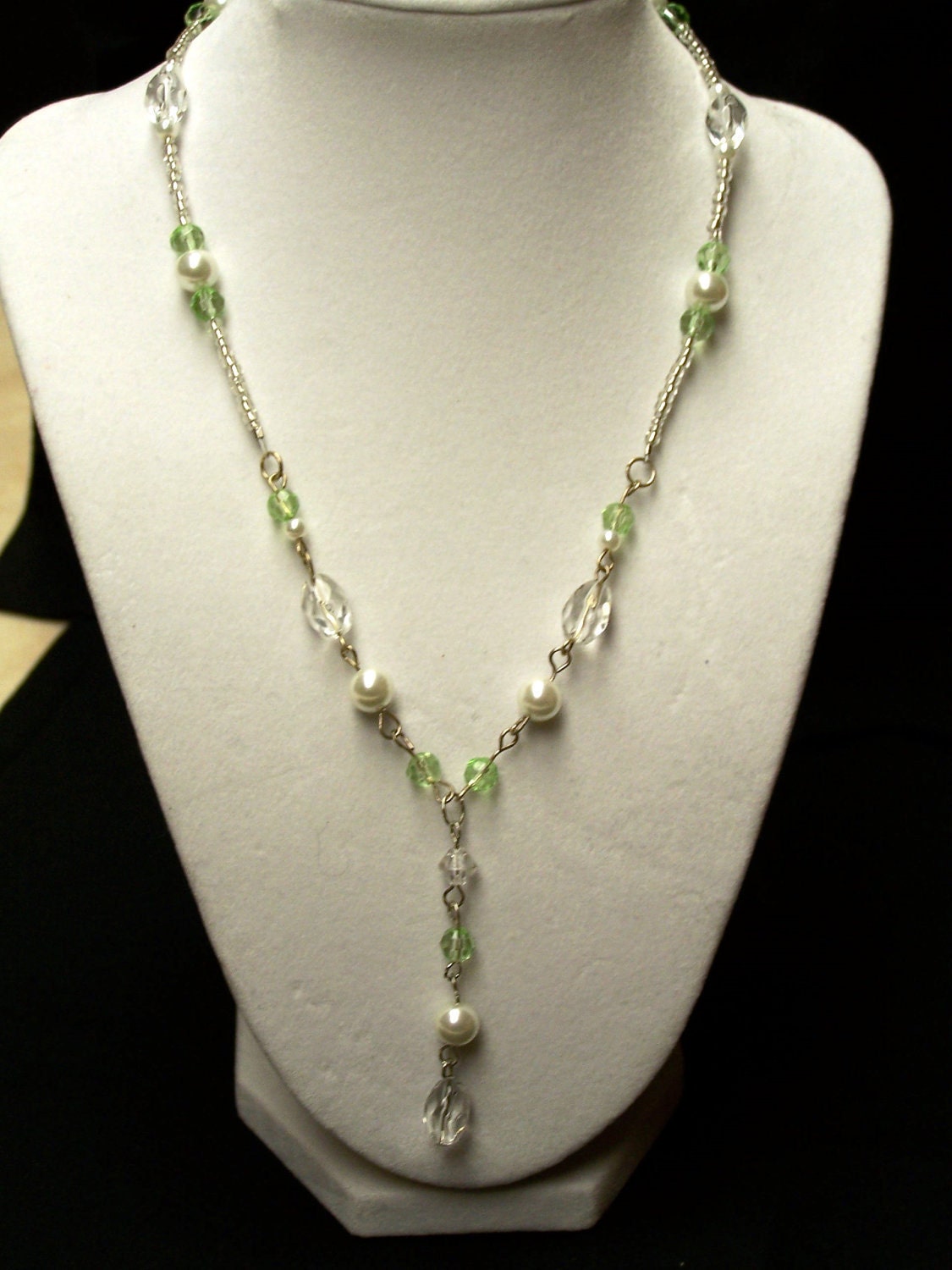 Light Green Swavoski Crystal and Pearl Y Necklace