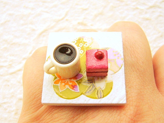 Coffee Ring  Miniature Food Jewelry Coffee And Strawberry Cake Chiyogami Plum Blossom