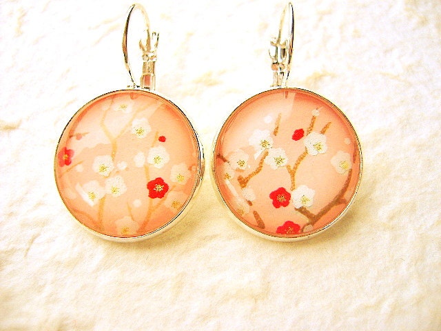 Plum Blossom  Earrings Traditional Japanese Chiyogami Washi Paper Earrings
