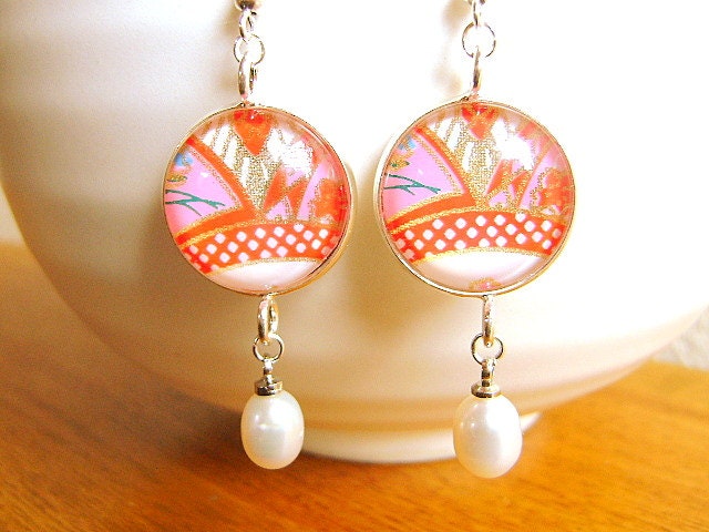 Japanese  Earrings Chiyogami Washi Paper Pearls