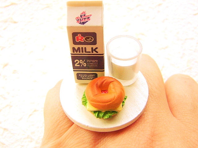 Cute Food Ring Milk And Sandwich Miniature Food Jewelry