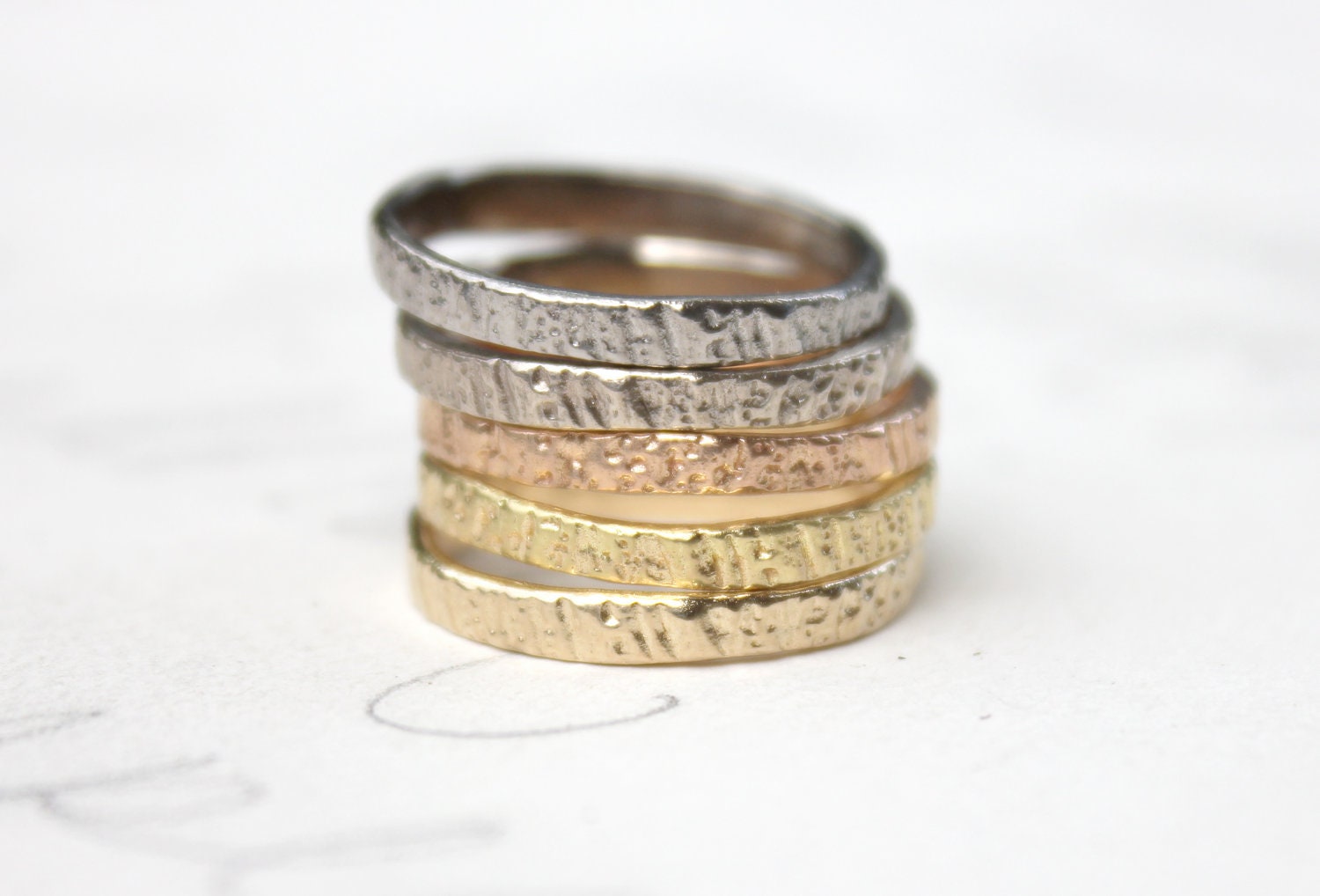 custom gold stacking ring set . woodgrain thin five golden wedding rings .14 k 18k karat gold peace rings by peacesofindigo