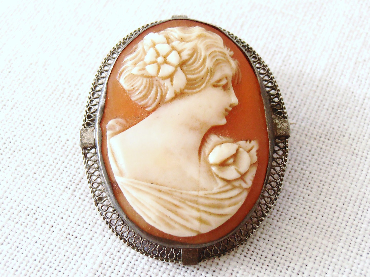 Vintage Cameo of an Art Nouveau lady with flowers in her hair Alice Riordan Estate Jewelry