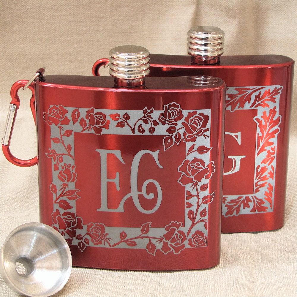3 Personalized Wedding Party Gifts, Red Monogrammed Hip Flask