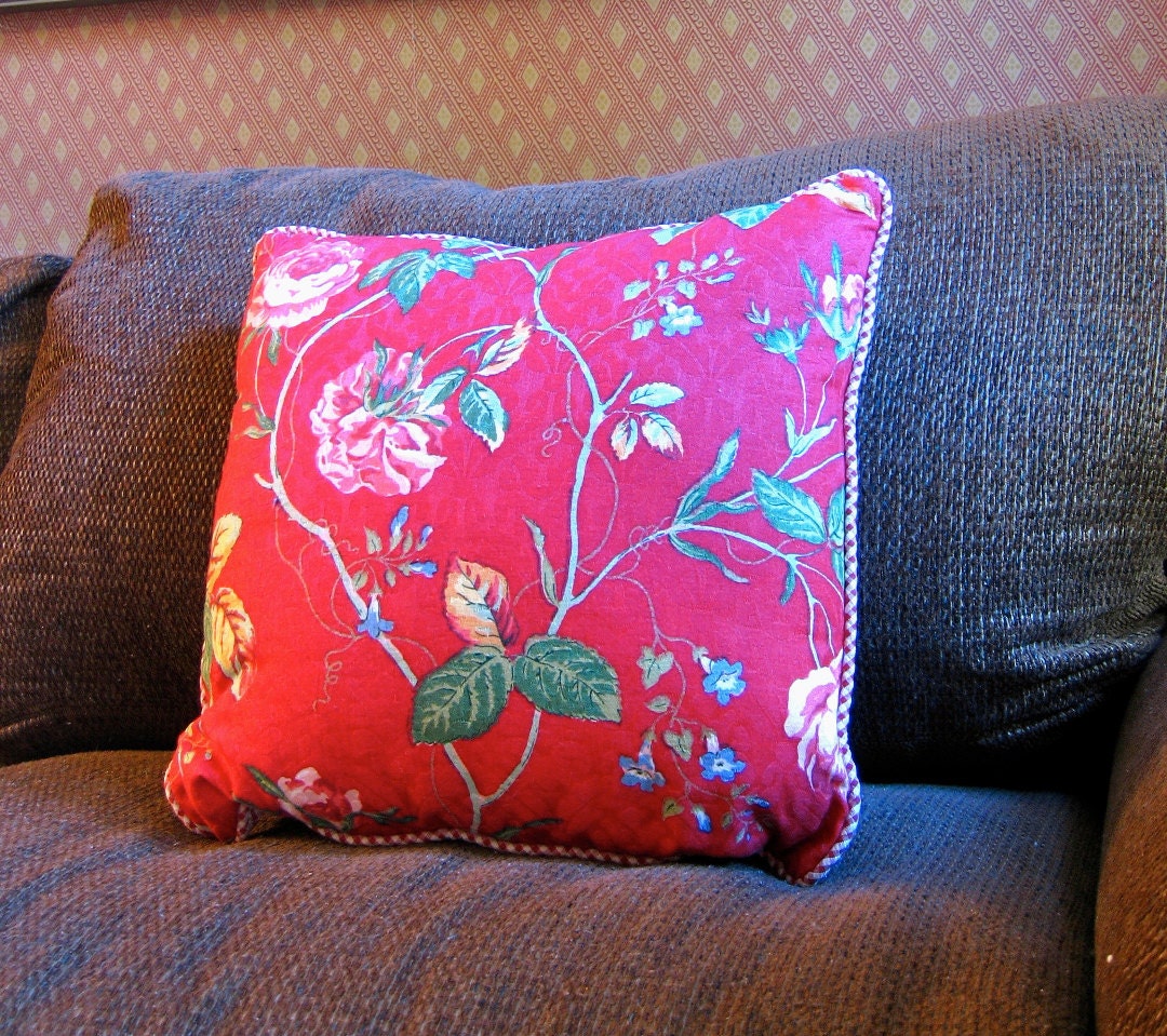 Cottage Chic Throw Pillow - Red, Green & White Floral