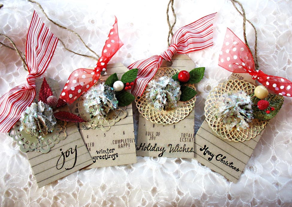 Glittering Fanciful Snowball Vintage Style Christmas Holiday Luxe Gift Tags-paper flower-holly berry-candy cane-red-polka dot-kraft brown