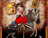 Art Print - "Carousel Dreams" - Medium A4 Sized 8.5x11 or 8x10 Fine Giclee Art Print - Little Girl Riding Zebra Carousel Horse