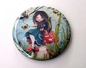 Pocket Mirror "Uma" Dark Brown Haired Girl - Alice in Wonderland Themed - Small Round 2.25" Art Mirror Featuring Jessica Grundy Artwork