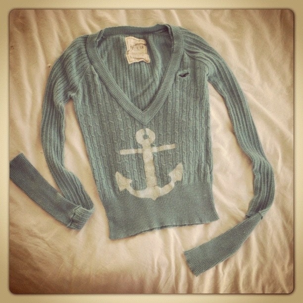 Skinny Anchor sweater hand stenciled OOAK upcycled Hollister sweater turquoise blue and white