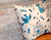 Whimsical Cat and Bird Throw Pillow Cover- vintage reproduction of Tammis Keefe -  cotton linen blend fabric - modern country style decor